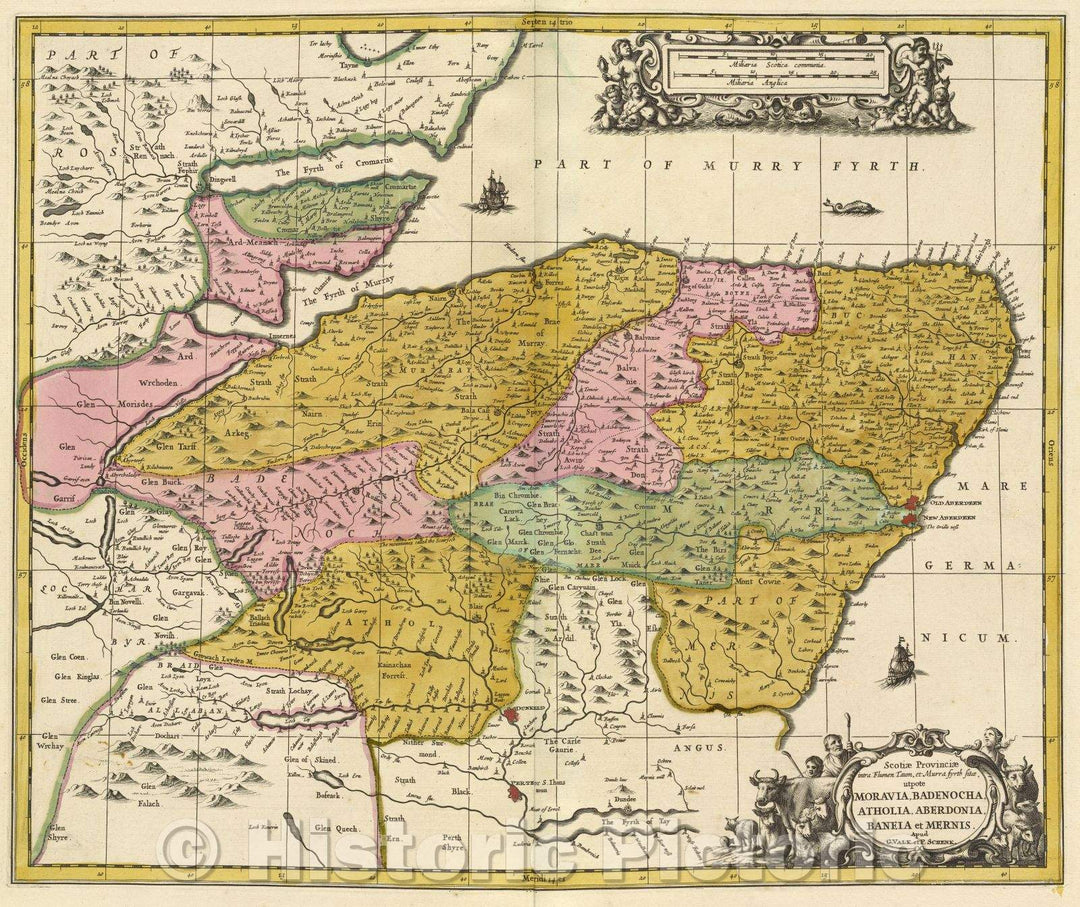 Historic Map : Scotiae provinciae intra flumen Taum, et Murra fyrth situe, utpote Moravia, Badenocha, Atholia, Aberdonia, Baneia et Mernis., c. 1708 , Vintage Wall Art