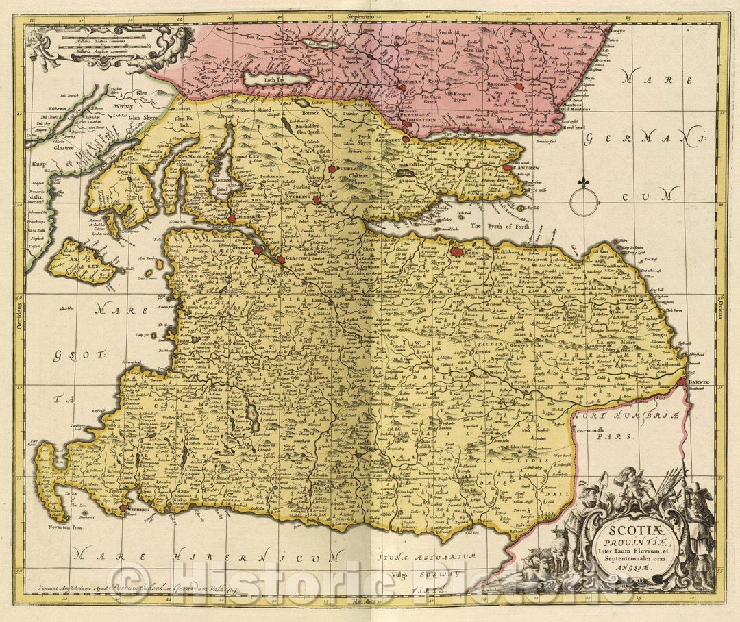 Historic Map : Scotiae Provinciae, Inter Taum Fluvium, et Septentrionales oras Angliae, c. 1708 , Vintage Wall Art