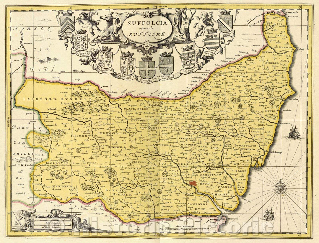 Historic Map : Suffolcia vernacula Suffolke., c. 1708 , Vintage Wall Art