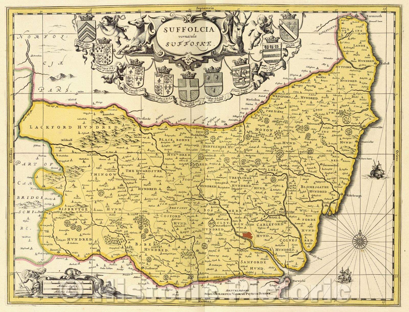 Historic Map : Suffolcia vernacula Suffolke., c. 1708 , Vintage Wall Art