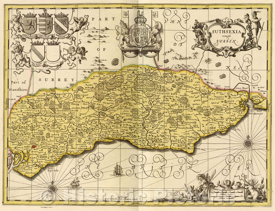 Historic Map : Suthsexia. vernacule Sussex., c. 1708 , Vintage Wall Art