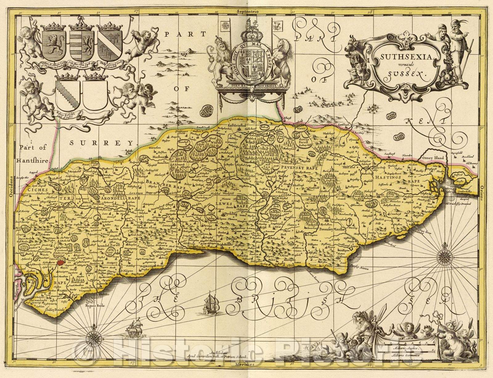 Historic Map : Suthsexia. vernacule Sussex., c. 1708 , Vintage Wall Art