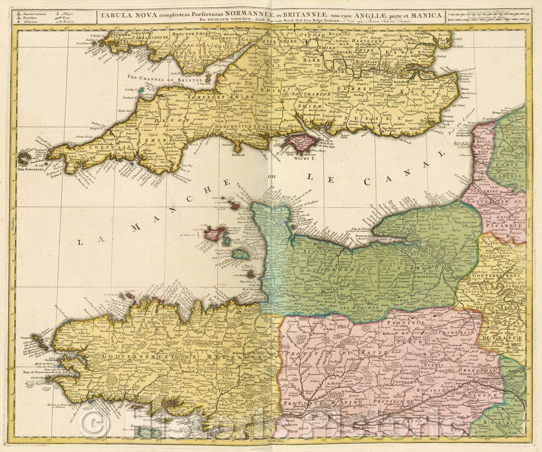 Historic Map : Tabula Nova complectens Praefecturas Normanniae, et Britanniae. una cum Angliae, parte et Manica., c. 1708 , Vintage Wall Art