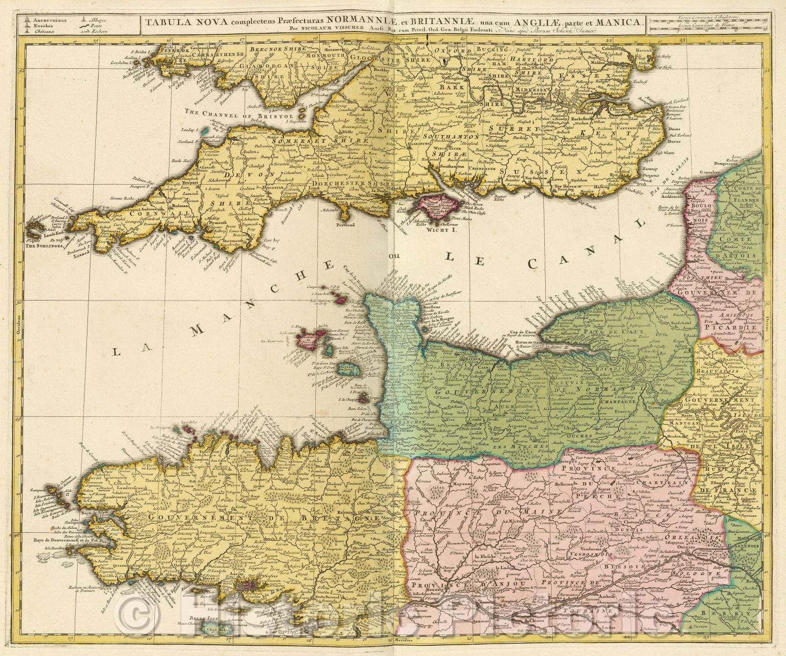 Historic Map : Tabula Nova complectens Praefecturas Normanniae, et Britanniae. una cum Angliae, parte et Manica., c. 1708 , Vintage Wall Art