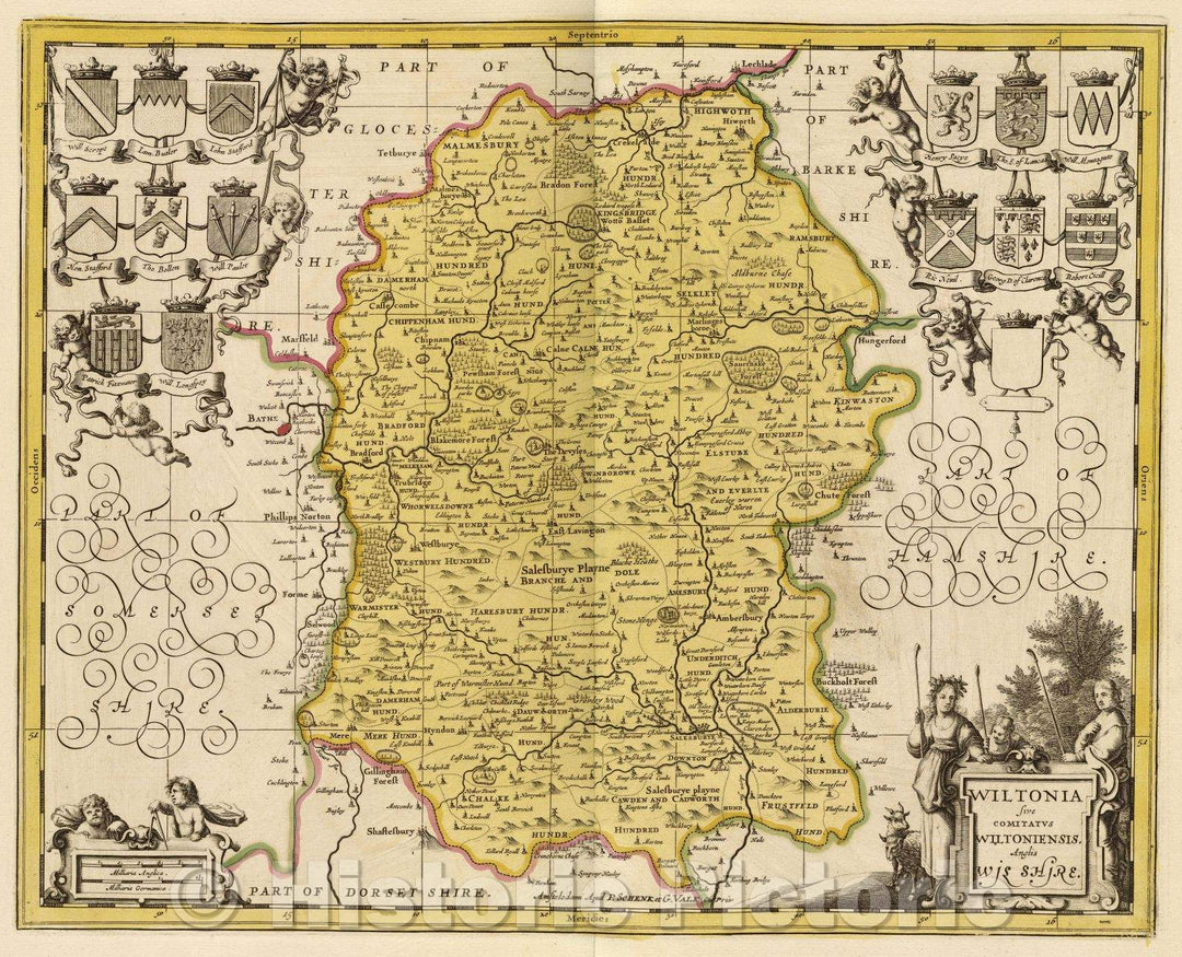 Historic Map : Wiltonia sive Comitatus Wiltoniensis. Anglis Wilshire., c. 1708 , Vintage Wall Art