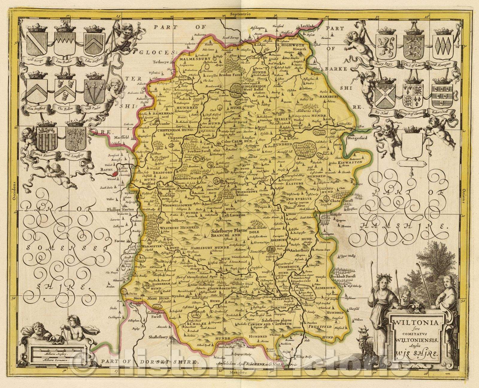 Historic Map : Wiltonia sive Comitatus Wiltoniensis. Anglis Wilshire., c. 1708 , Vintage Wall Art