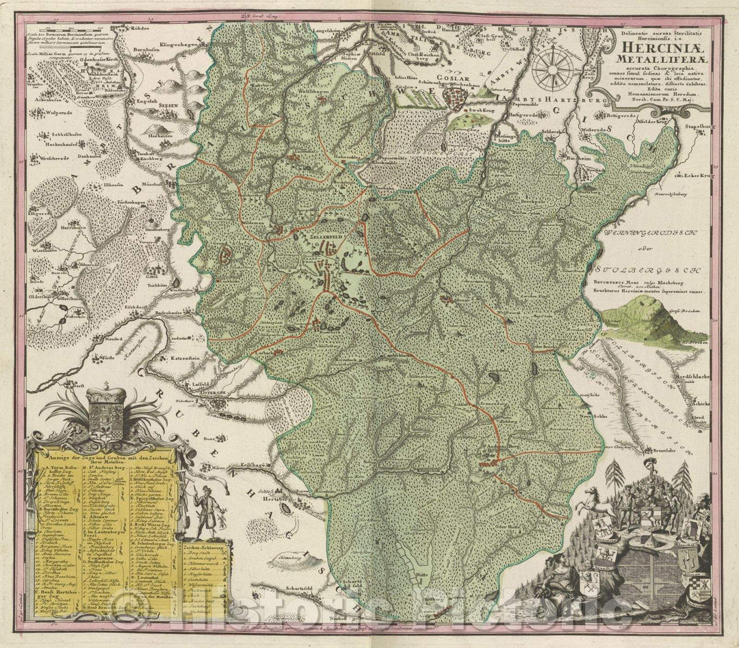 Historic Map : Delineato aureae sterilitatis Herciniensis, i.e. Herciniae Metalliferae accurata chorographia, omnes simul fodinas and loca nativa minerarum, c. 1710 , Vintage Wall Art