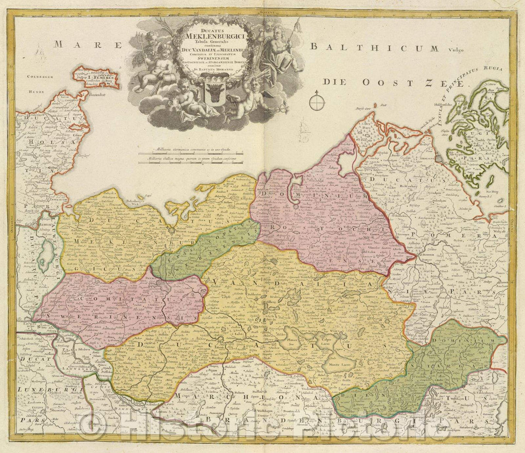 Historic Map : Ducatus Meklenburgici Tabula Generalis Continens Duc. Vandaliae et Meklenburg comitatum et episcopatum Swerinensem Rostochtense et Stargardiense, 1716 , Vintage Wall Art