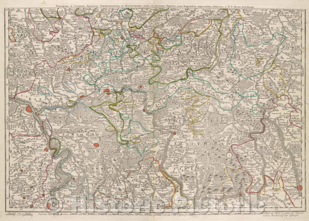 Historic Map : Principatus and Comitatus Superioris Ysenburgensis, ac Hanoviensis, nova et accurata Tabula, cum Regionibus adjacentibus..., 1760 , Vintage Wall Art