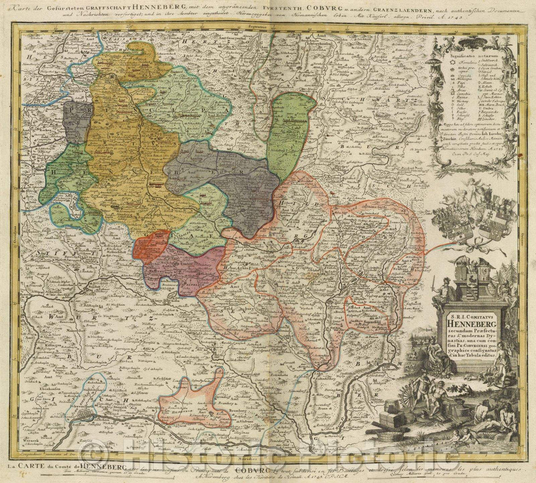 Historic Map : S.R.I. Comitatus Henneberg secundum praefecturas and modernas Dynastias, una cum confini Pr: Coburgensu geographice confignatus and inhac Tabula, 1743 , Vintage Wall Art