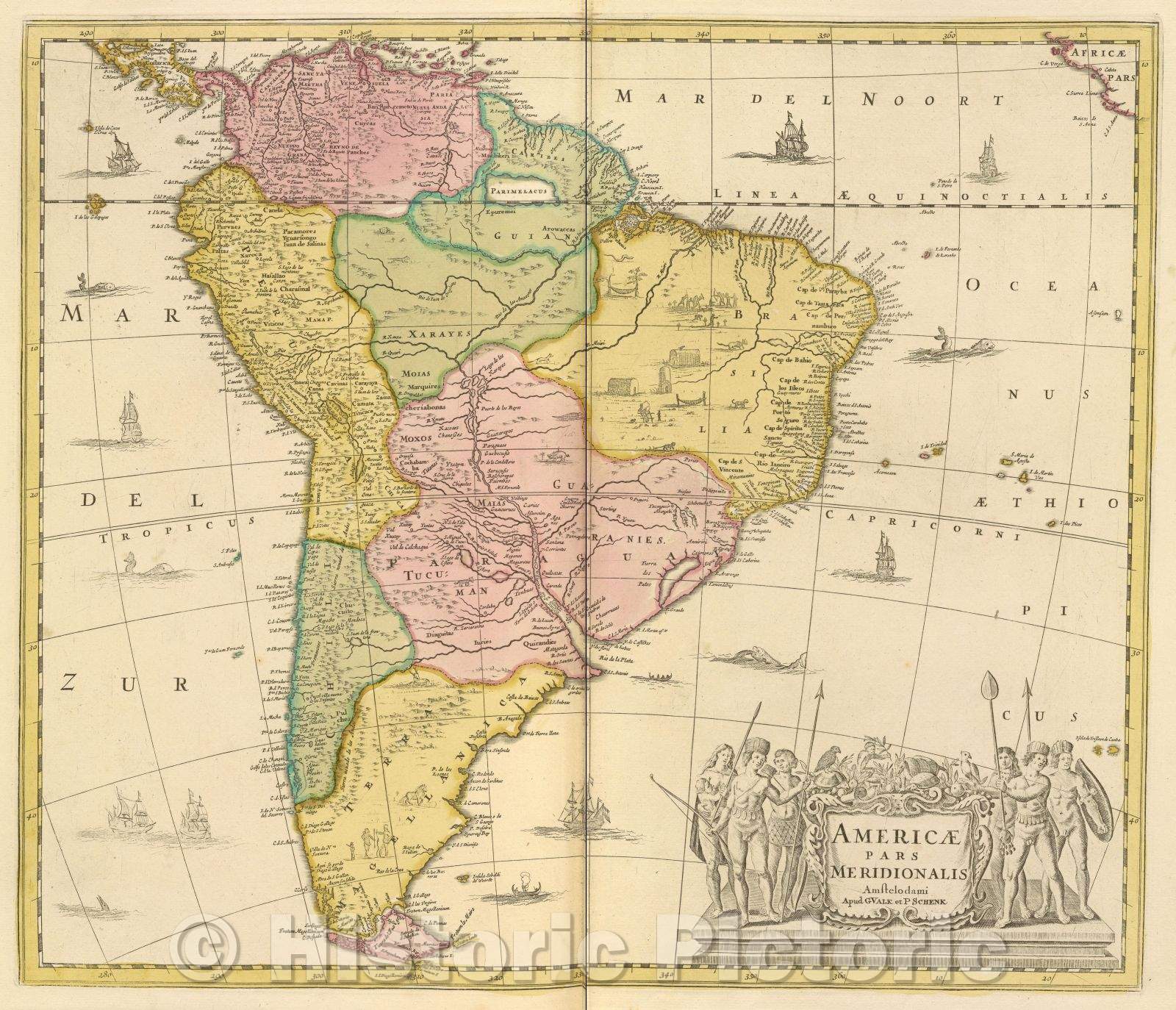 Historic Map : Americae pars Meridionalis Amstelodami apud G Valk et P Schenk, 1700 , Vintage Wall Art