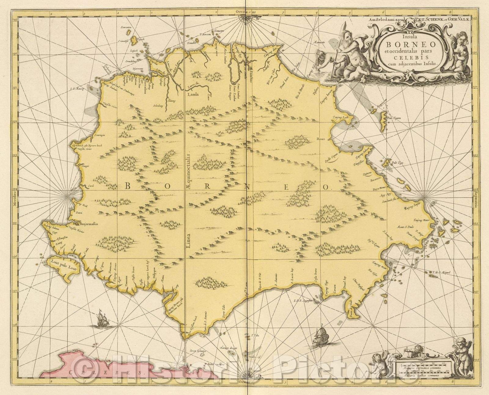 Historic Map : Insula Borneo et occidentalis pars Celebis cum adjacentibus insulis. Amstelodami apud Pet. Schenk. et Ger. Valk., c. 1680 , Vintage Wall Art