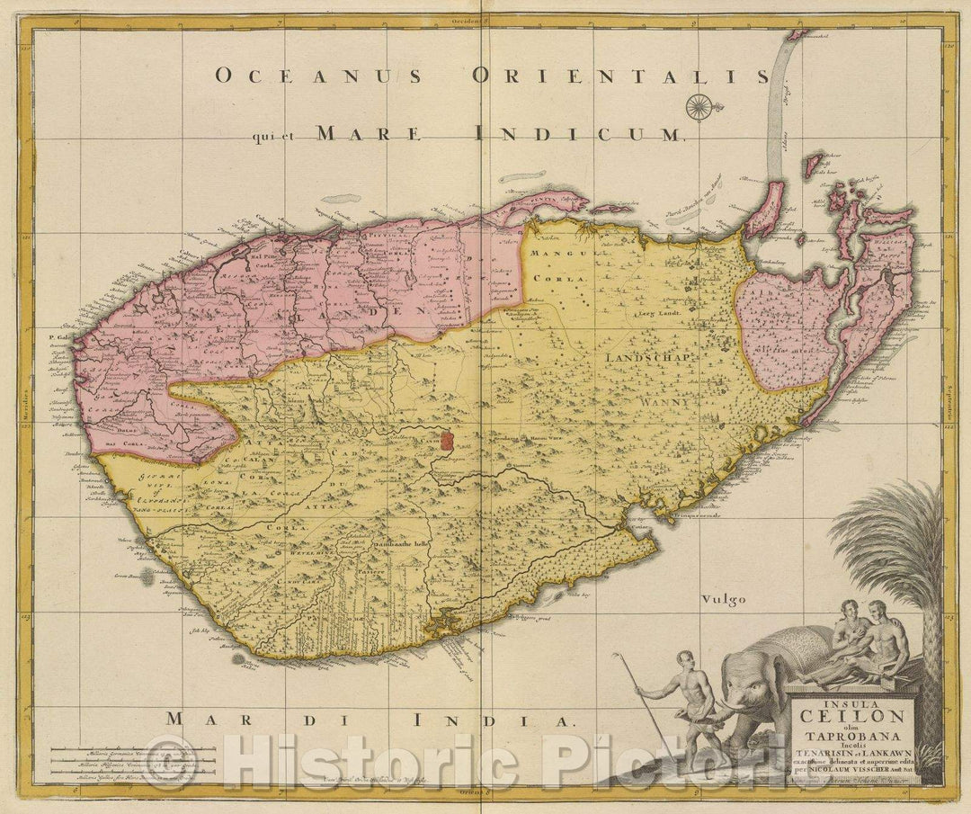 Historic Map : Insula Ceilon olim Taprobana incolis Tenarisin et Lankawn exactissime delineata et nuperrime edita per Nicolaum Visscher Amst:, 1700 , Vintage Wall Art