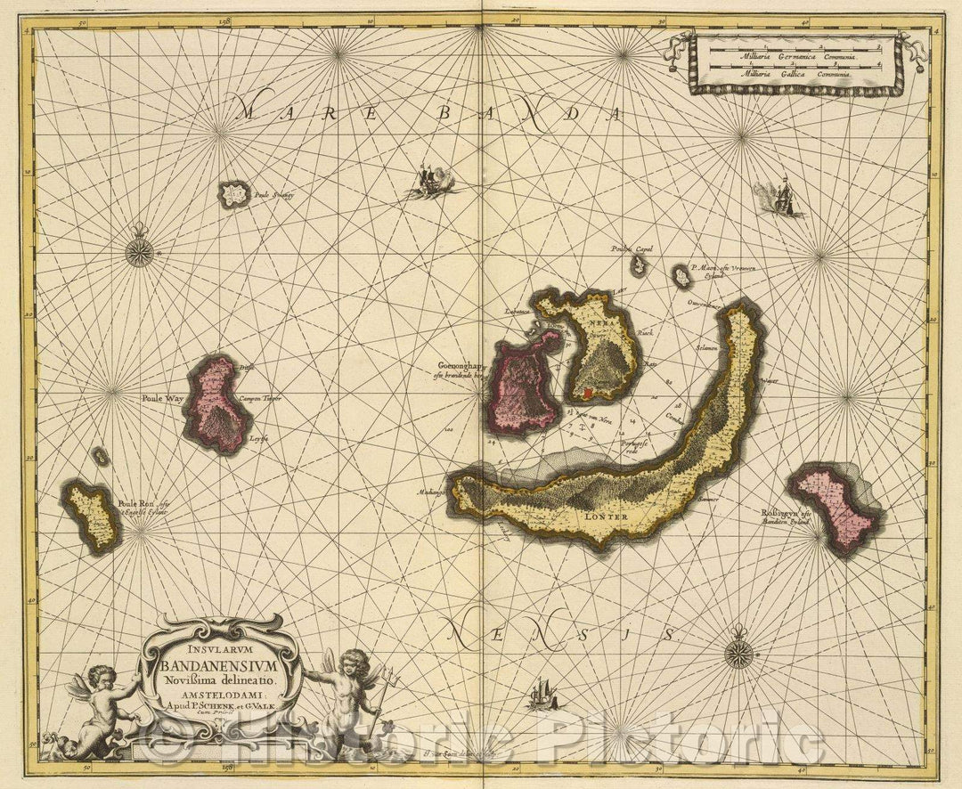 Historic Map : Insularum Bandanensium novissima delineatio. Amstelodami apud. P. Schenk et G. Valk. cum privil, c. 1717 , Vintage Wall Art