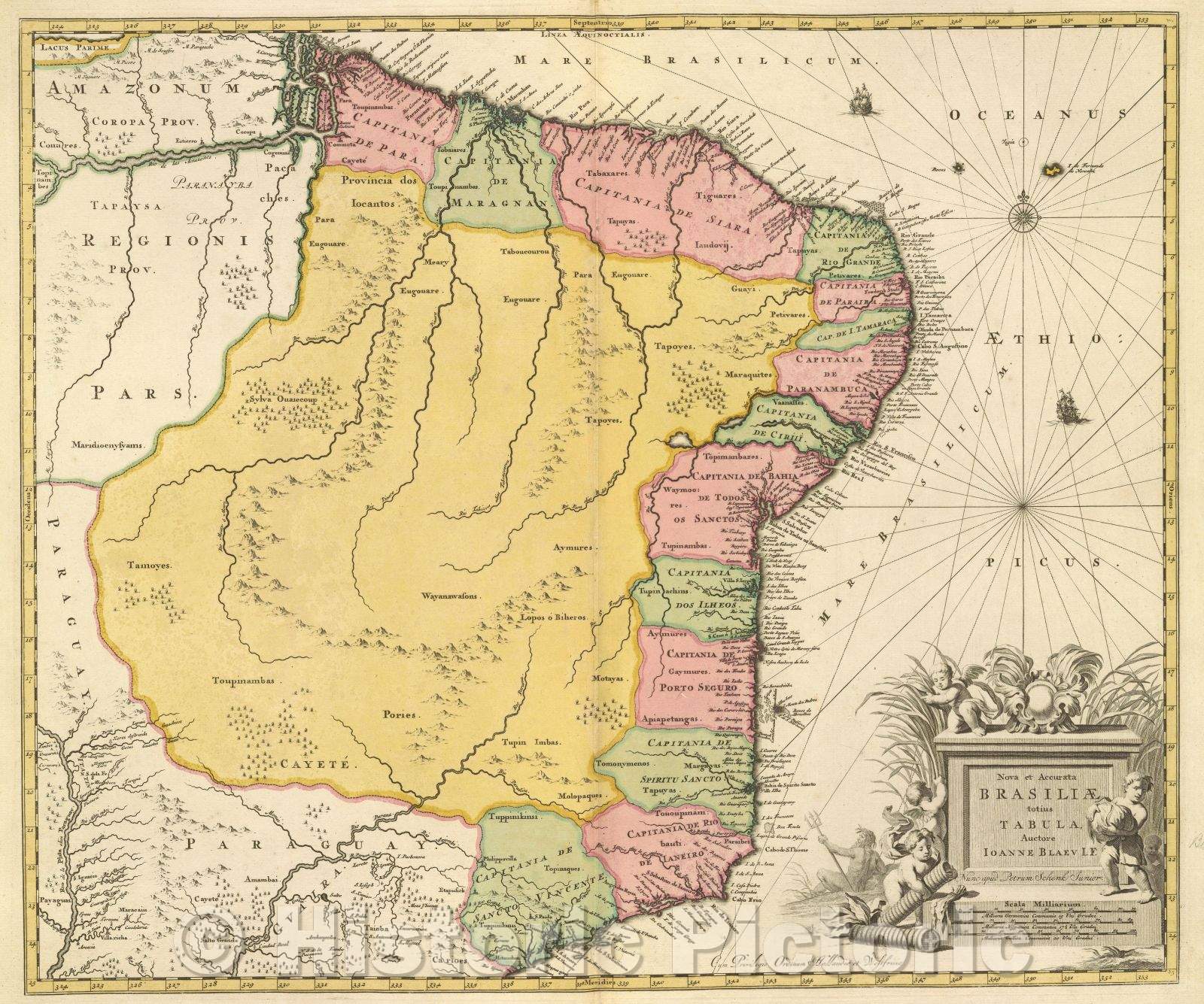 Historic Map : Nova et accurata Brasiliae totius tabula, auctore Joanne Blaeu I.F. Nunc apud Petrum Schenk Junior., c. 1750 , Vintage Wall Art