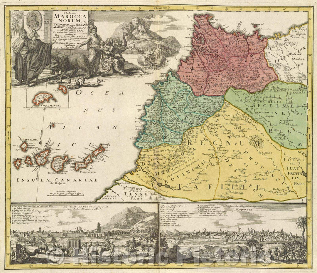 Historic Map : Statuum Marocca Norum, regnorum nempe Fessani, Maroccani, Tafiletani et Segelomessani secundum suas provincias accurate divisorum typus generali, 1728 , Vintage Wall Art