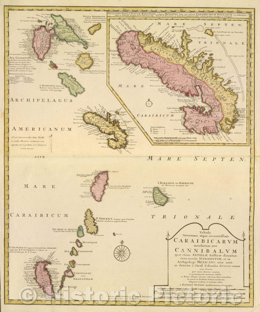 Historic Map : Tabula novissima atque accuratissima Caraibicarum insularum sive Cannibalum quae etiam Antillae Gallicae dicuntur, item insulae supraventum, c. 1730 , Vintage Wall Art