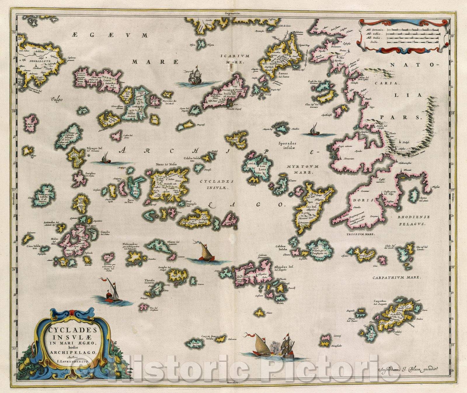 Historic Map : Cyclades insulae in Mari Aegaeo, hodie Archipelago, Auctore I. Lavrenbergio., c. 1664 , Vintage Wall Art