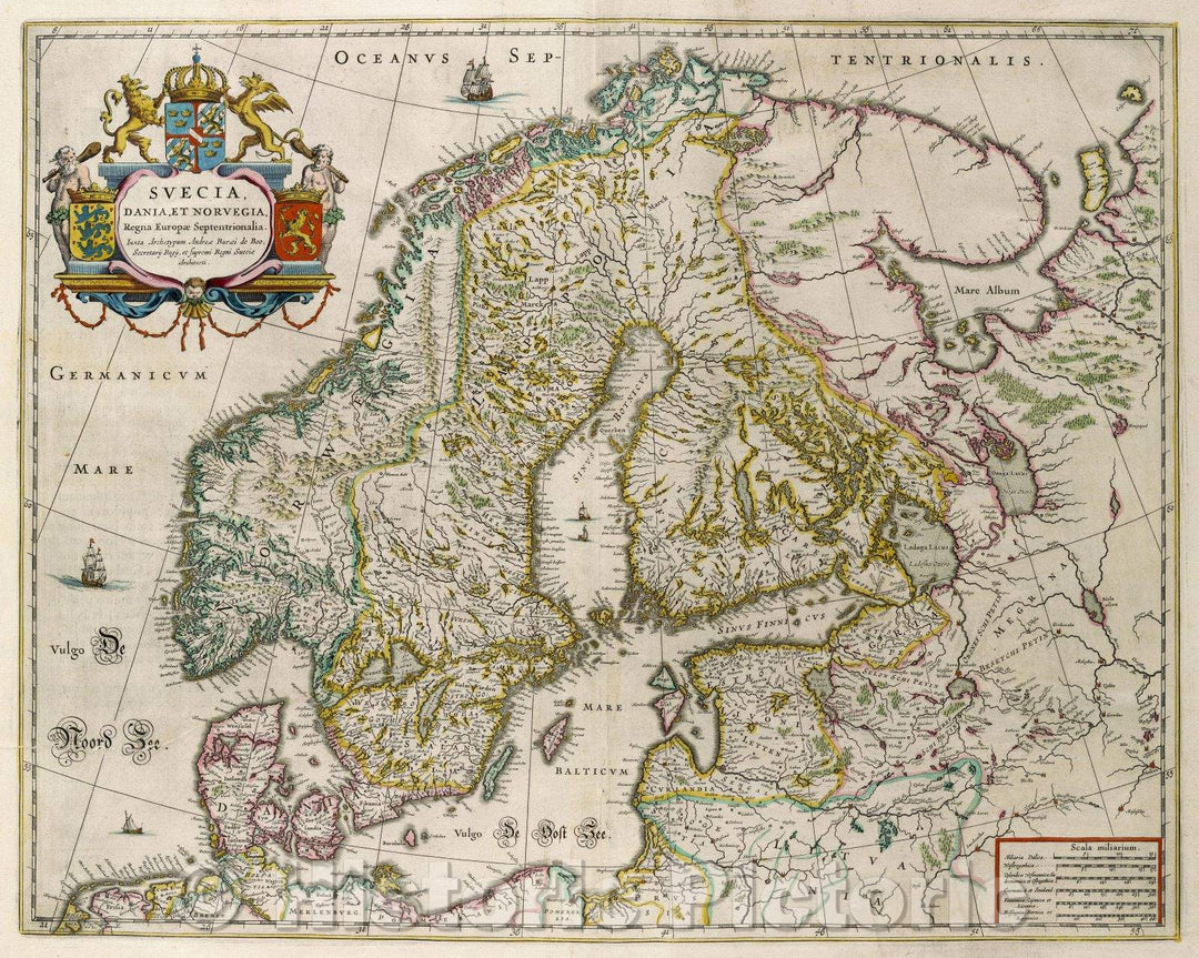 Historic Map : Svecia, Dania, et Norvegia, Regna Ruropae Septentrionalia. Iuxta Archetypum Andreae Buraei de Boo, Secretarii Regii, c. 1664 , Vintage Wall Art
