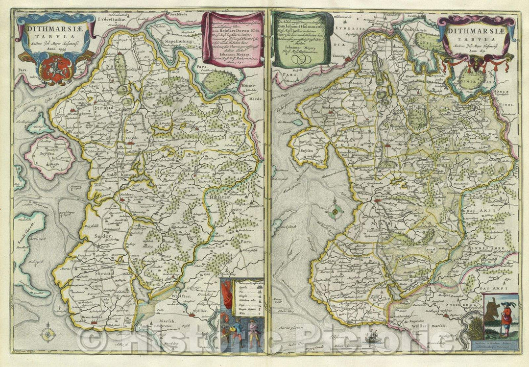 Historic Map : Dithmarsiae Tabula Auctore Joh: Meyer Husumensi Anno 1559, 1651 , Vintage Wall Art