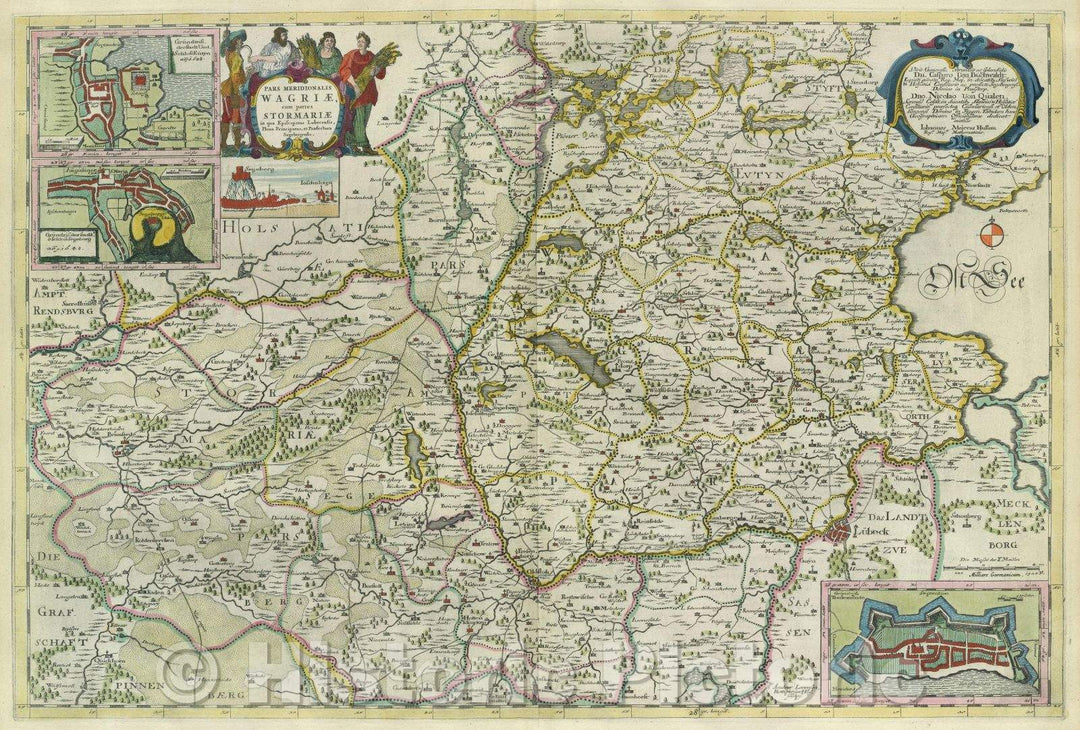 Historic Map : Pars Meridionalis Wagriae, cum partes Stormariae in qu Episcopatus Lubecensis, Plona Pricipatus, et Praefectura Segebergensis., c. 1664 , Vintage Wall Art