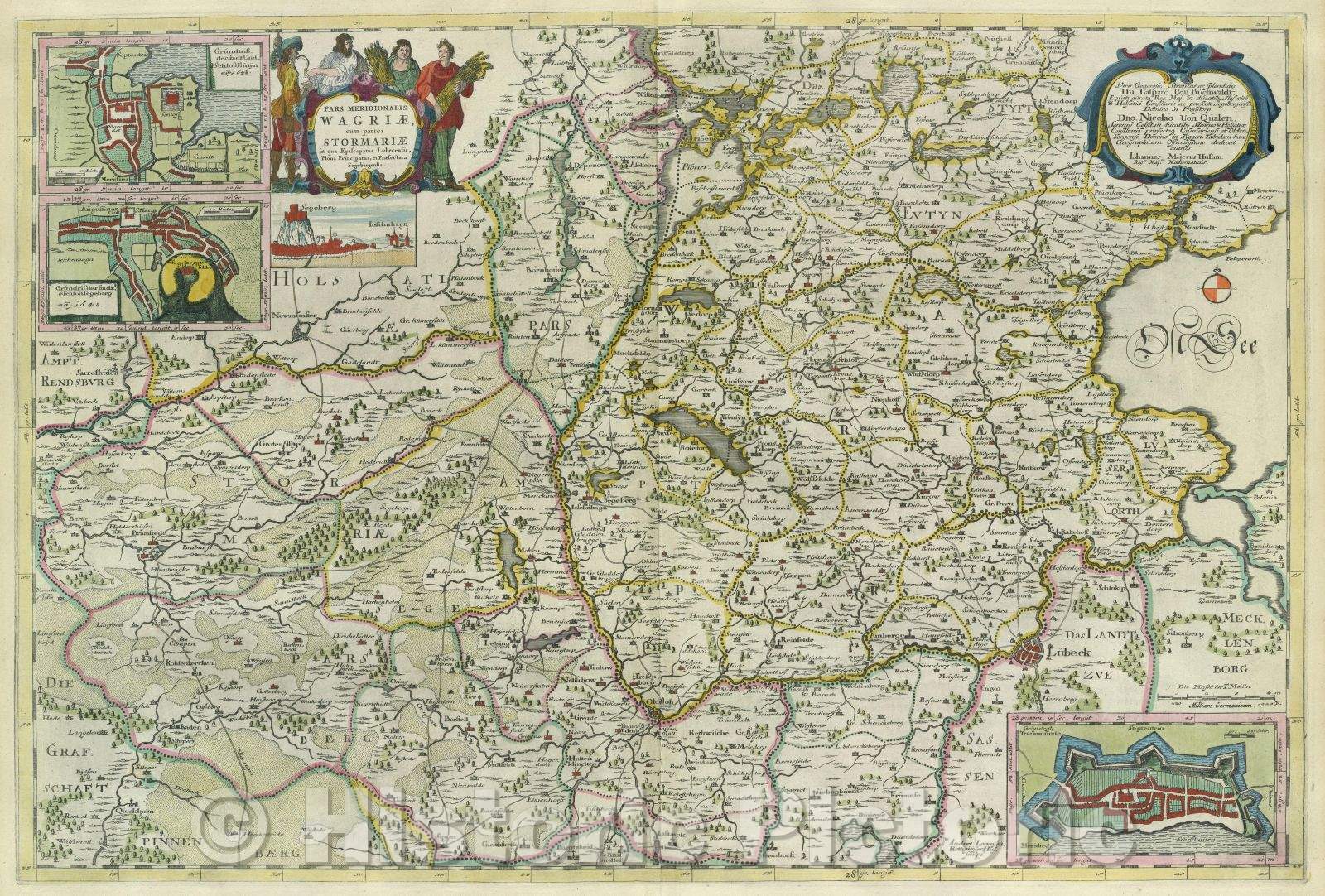 Historic Map : Pars Meridionalis Wagriae, cum partes Stormariae in qu Episcopatus Lubecensis, Plona Pricipatus, et Praefectura Segebergensis., c. 1664 , Vintage Wall Art