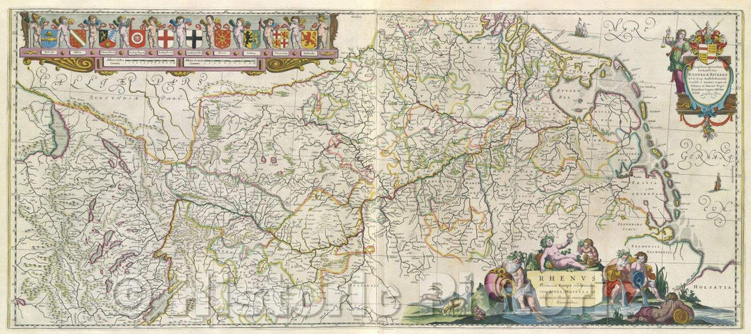 Historic Map : Rhenus Fluviorum Europae celeberrimus, cum Mosa, Mosella, et reliquis, in illum se exonerantibus, fluminibus., c. 1664 , Vintage Wall Art