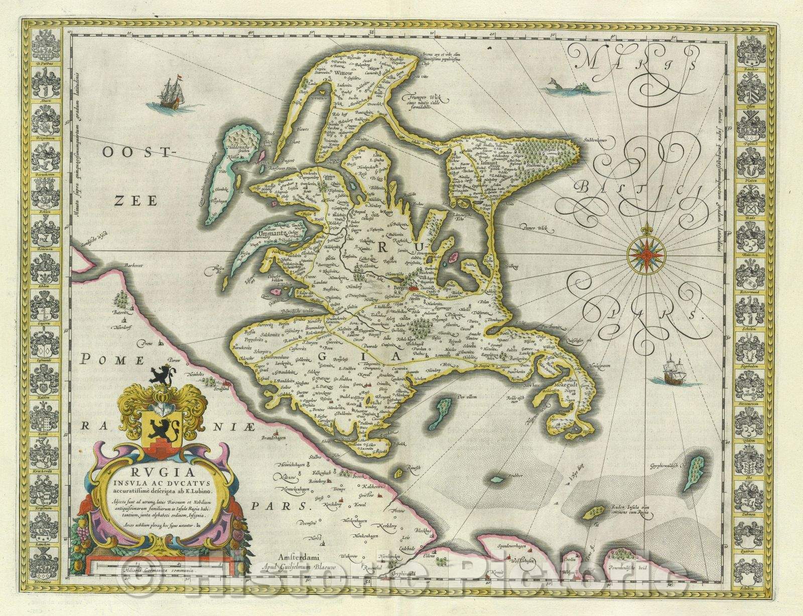 Historic Map : Rugia Insula ac Ducatrus accuratissime descripta ab E. Lubino. Adjecta sunt ad utrumque latis Baronum et Nobilium antiquissimarum Familiarum, c. 1664 , Vintage Wall Art