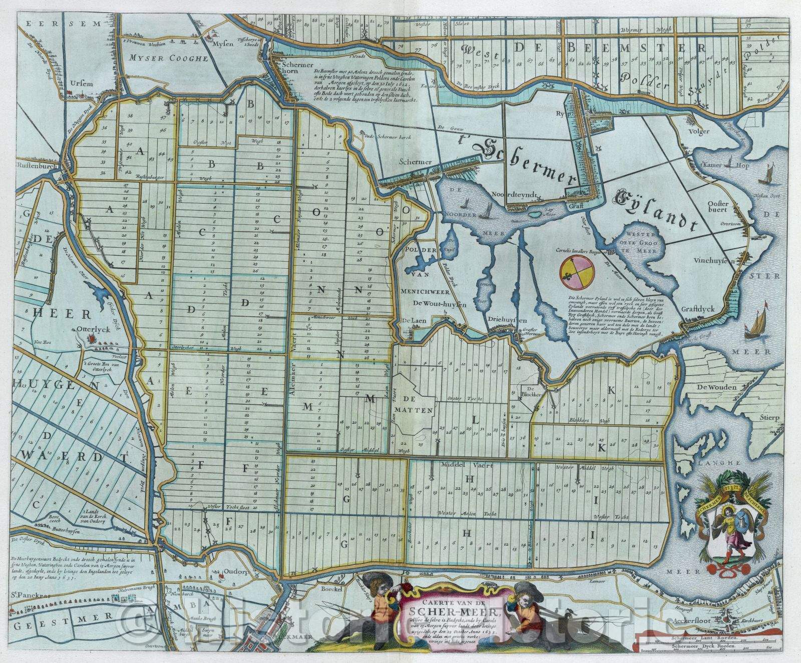 Historic Map : Caerte van de Scher-Meer, Alsoo deselve is Bedyckt, ende by Cavels van 15 Morgen suyver landt door lotinge uytgedelt, op den 25 October Anno 1635, 1635 , Vintage Wall Art