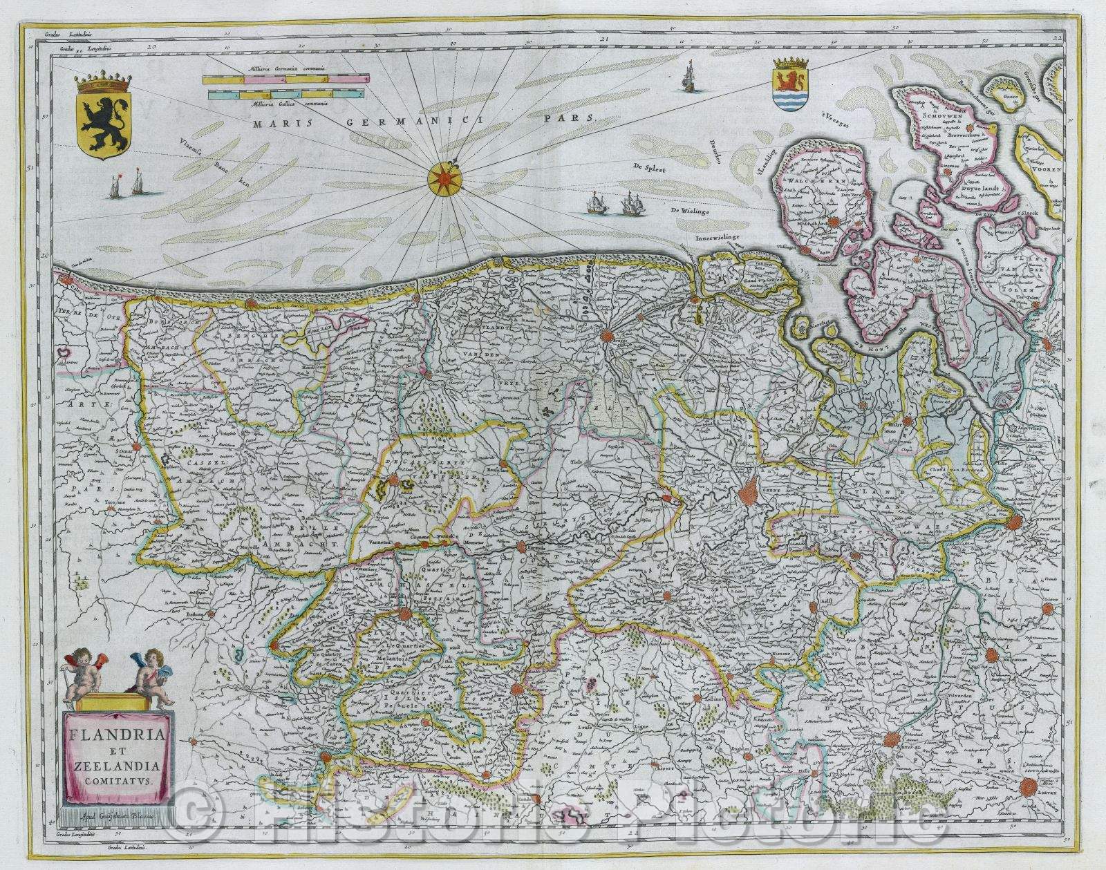 Historic Map : Flandria et Zeelandia Comitatus, c. 1664 , Vintage Wall Art
