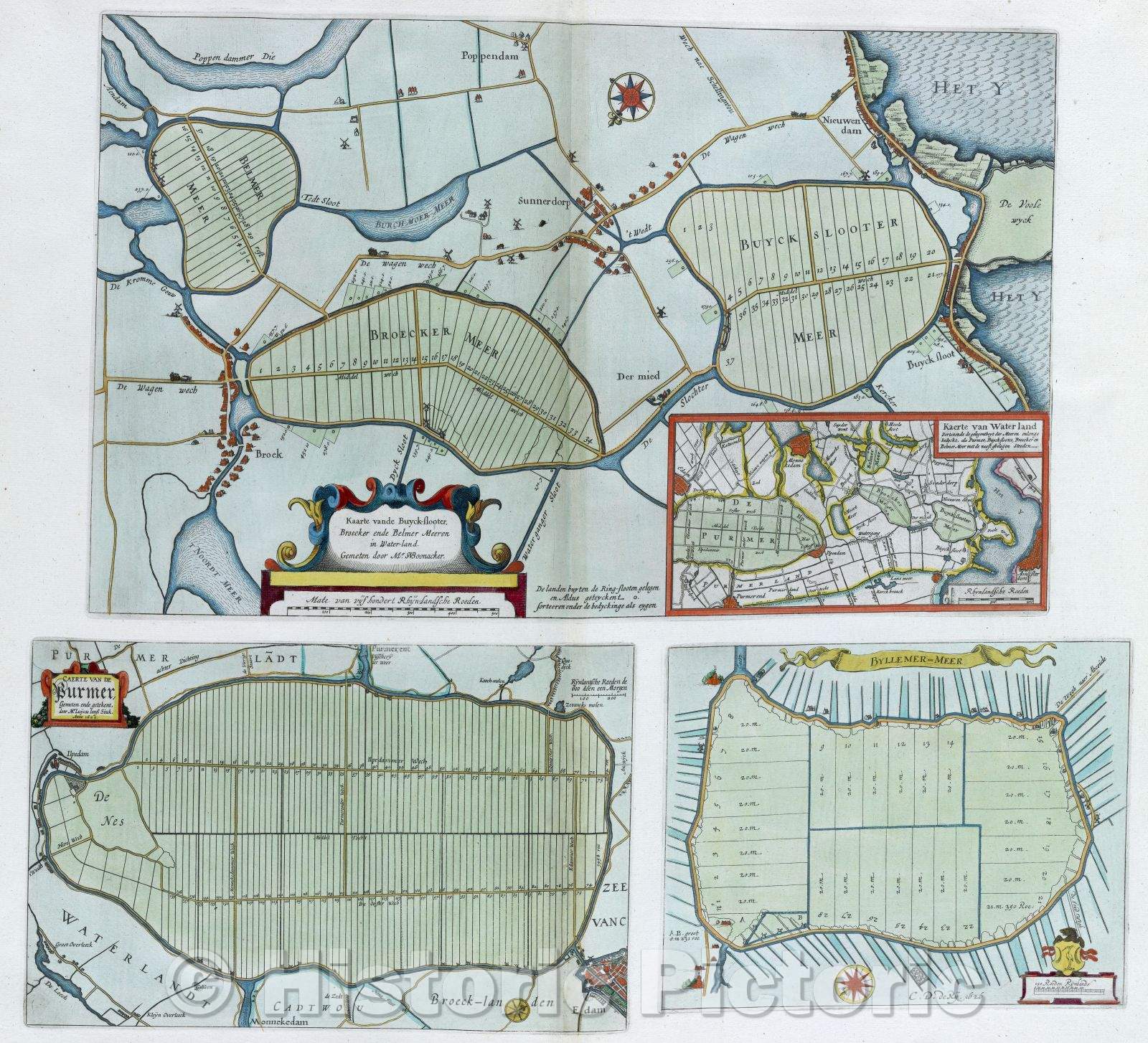Historic Map : Kaarte vande Buyck-slooter, Broecker ende Belmer Meeren in Water-land. Gemeten door Mr. SNBoonacker., 1626 , Vintage Wall Art