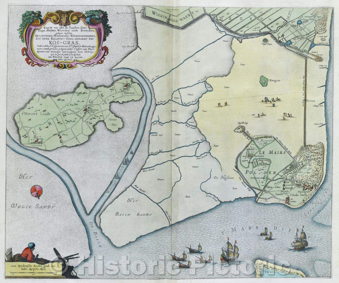 Historic Map : Kaerte van alle de Sanden, Gorsingen, Slicken, Waerden ende Kreecken, gelegen tusschen Huysduynen, Wieringen, Wieringerwaerdt, Zyp ende Kalands-Ooge, c. 1664 , Vintage Wall Art