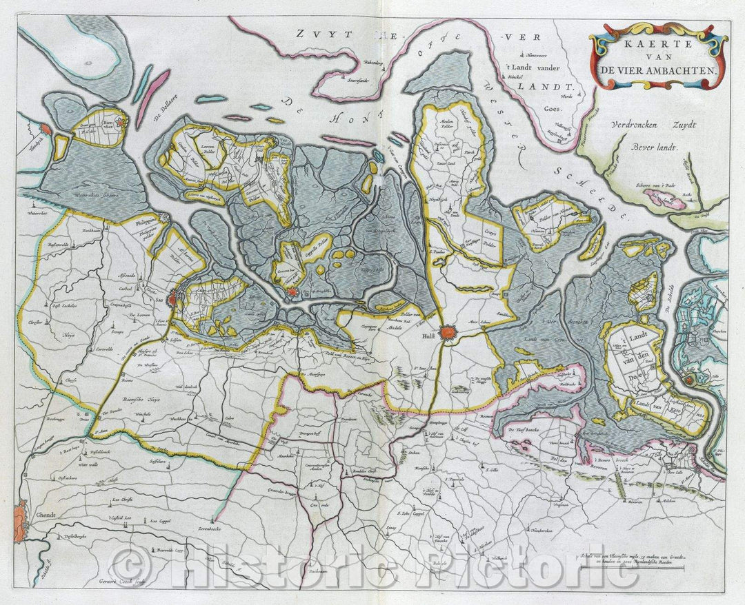 Historic Map : Kaerte van de Vier Ambachten, c. 1664 , Vintage Wall Art