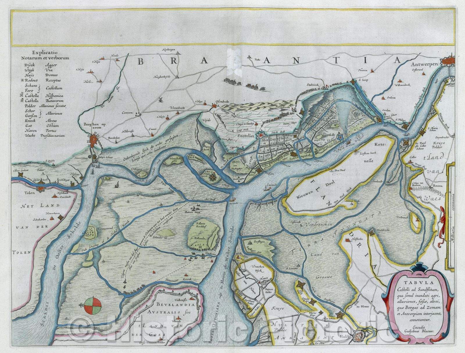 Historic Map : Tabula Castelli ad Sandflitam, qua Simul inundati agri, alluviones, fossae, alvei, quae Bergas ad Zomam et Antverpiam interjacent, annotantur, c. 1664 , Vintage Wall Art