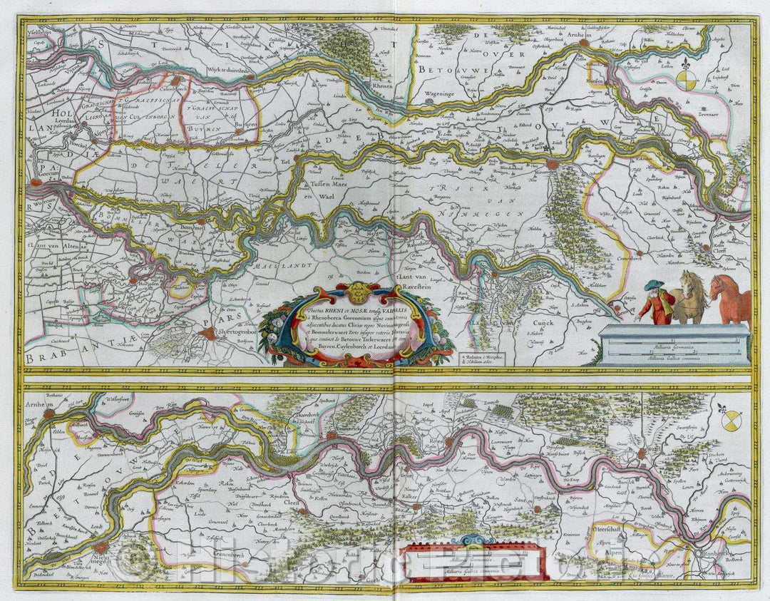 Historic Map : Tractus Rheni et Mosae totusqe Vahalis a Rhenoberca Gorcomium usque cum terris adjacentibus ducatus Cliviae regno Noviomagensi et Bommelerwaert Parte, c. 1664 , Vintage Wall Art