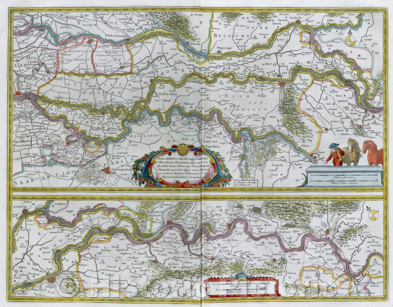 Historic Map : Tractus Rheni et Mosae totusqe Vahalis a Rhenoberca Gorcomium usque cum terris adjacentibus ducatus Cliviae regno Noviomagensi et Bommelerwaert Parte, c. 1664 , Vintage Wall Art