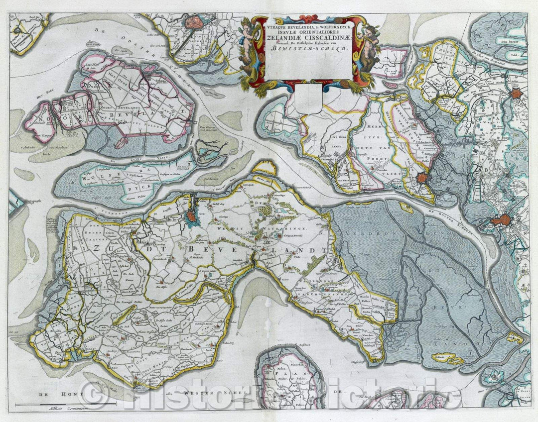 Historic Map : Utraque Bevelandia, and Wolfersdyck insulae Orientaliores Zelandiae Cisscaldinae vernaculae, De Ooftelycke Eylanden van Bewester-Scheld., c. 1664 , Vintage Wall Art