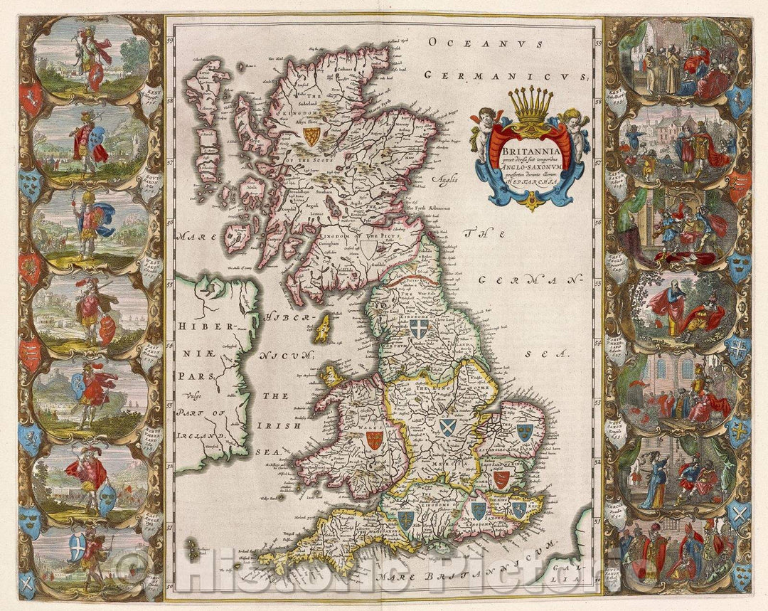 Historic Map : Britannia prout divisa fuit temporibus Anglo-Saxonum, praesertim durante illorum Heptarchia., c. 1664 , Vintage Wall Art