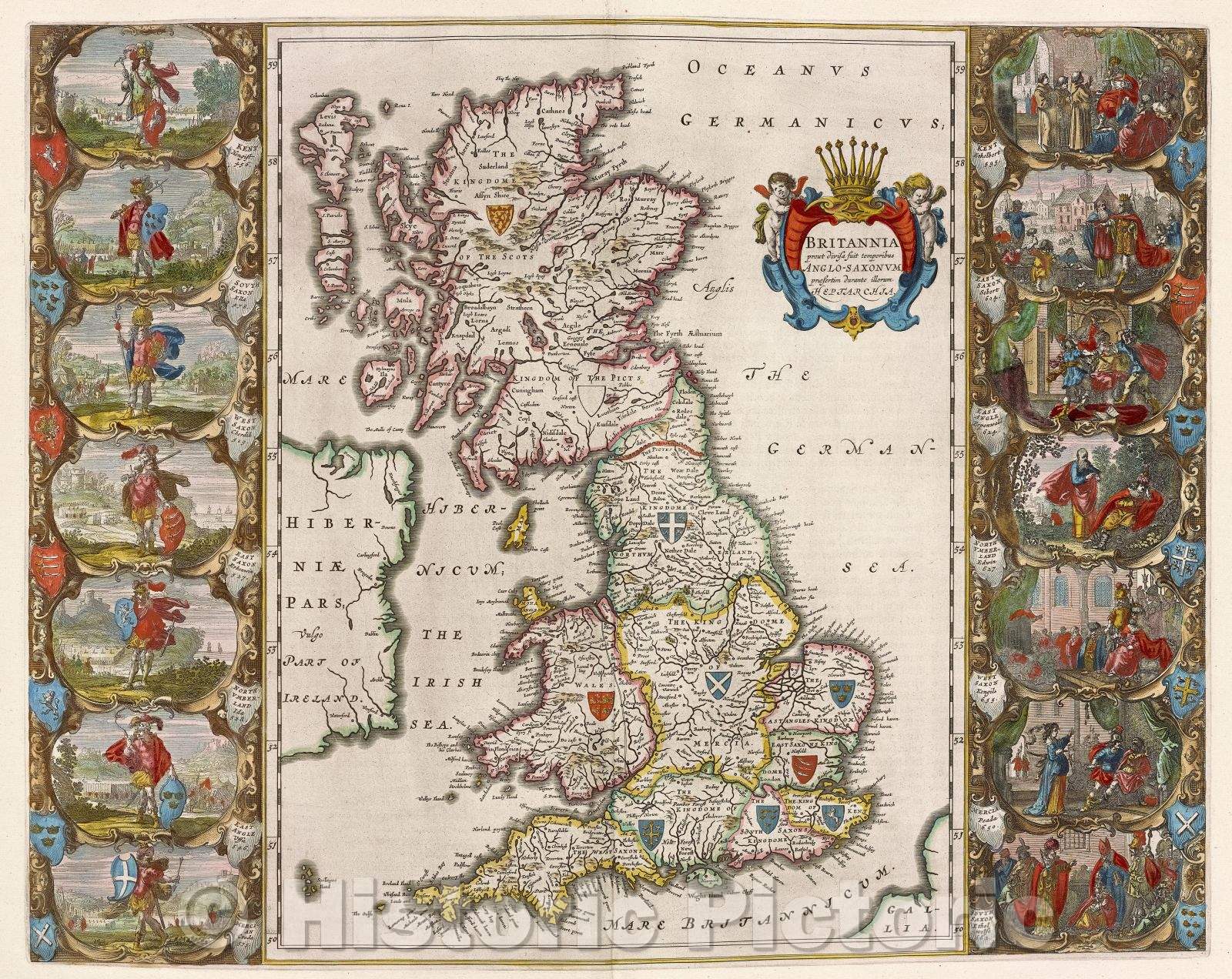 Historic Map : Britannia prout divisa fuit temporibus Anglo-Saxonum, praesertim durante illorum Heptarchia., c. 1664 , Vintage Wall Art