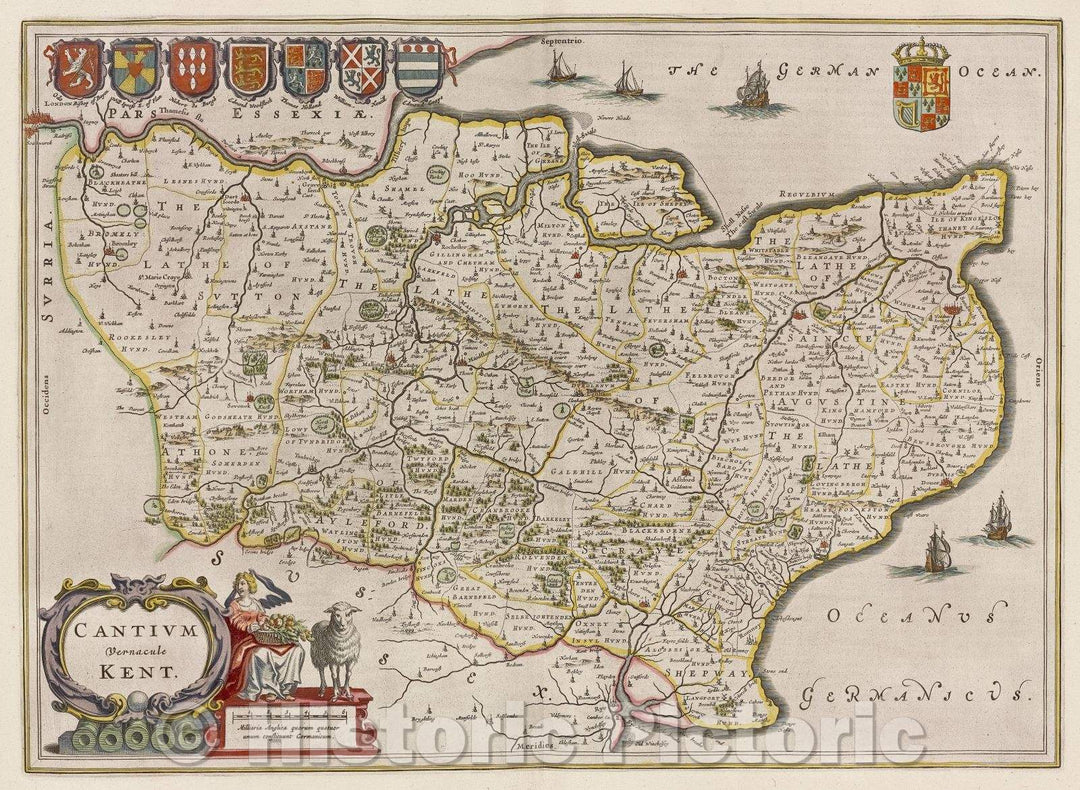 Historic Map : Cantium vernacule Kent., c. 1664 , Vintage Wall Art