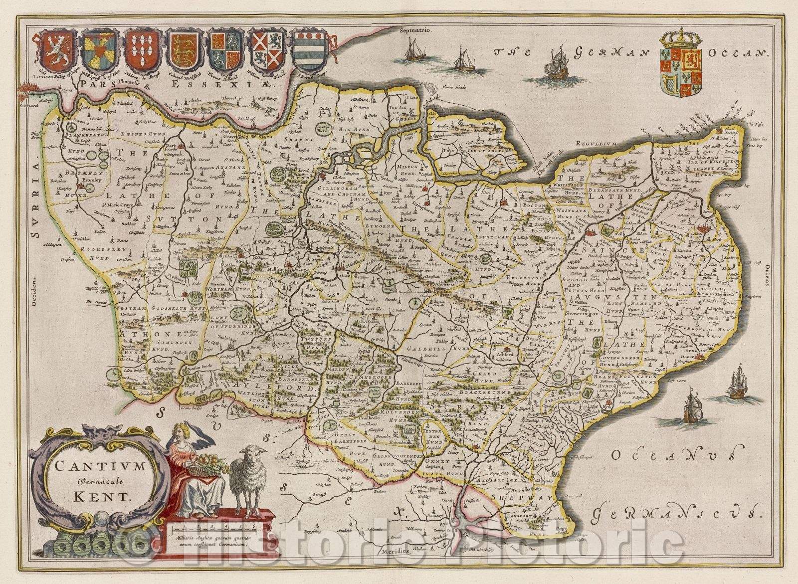 Historic Map : Cantium vernacule Kent., c. 1664 , Vintage Wall Art