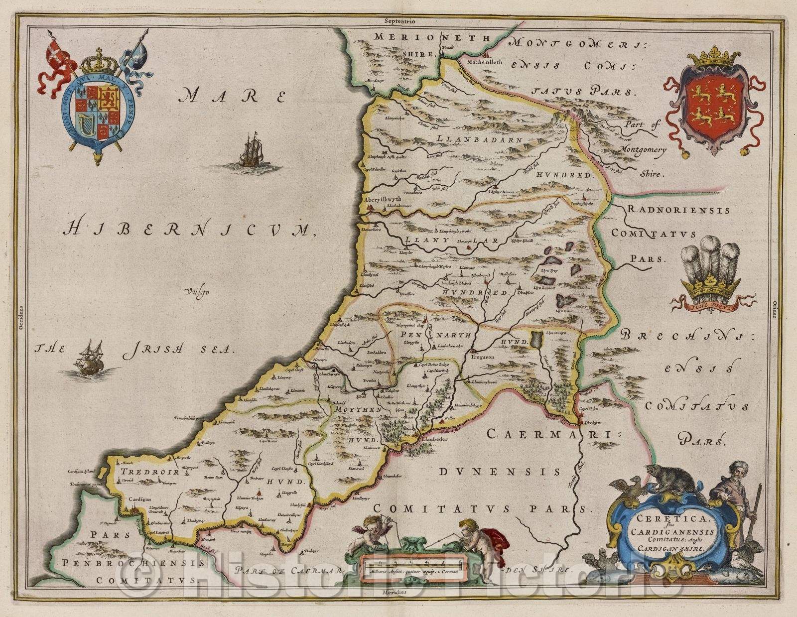 Historic Map : Ceretica; sive Cardiganensis Comitatus; Anglis Cardiganshire., c. 1664 , Vintage Wall Art