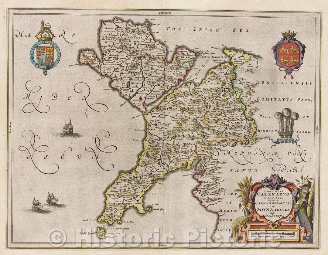 Historic Map : Comitatus Caernarvoniensis; vernacule Carnarvon-shire. et Mona Insula vulgo Anglesey., c. 1664 , Vintage Wall Art