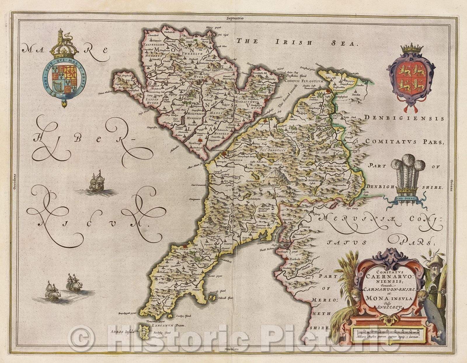 Historic Map : Comitatus Caernarvoniensis; vernacule Carnarvon-shire. et Mona Insula vulgo Anglesey., c. 1664 , Vintage Wall Art