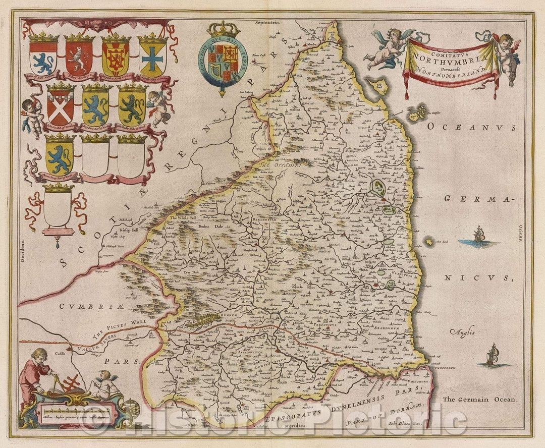Historic Map : Comitatus Northumbria vernacule Northumberland., c. 1664 , Vintage Wall Art