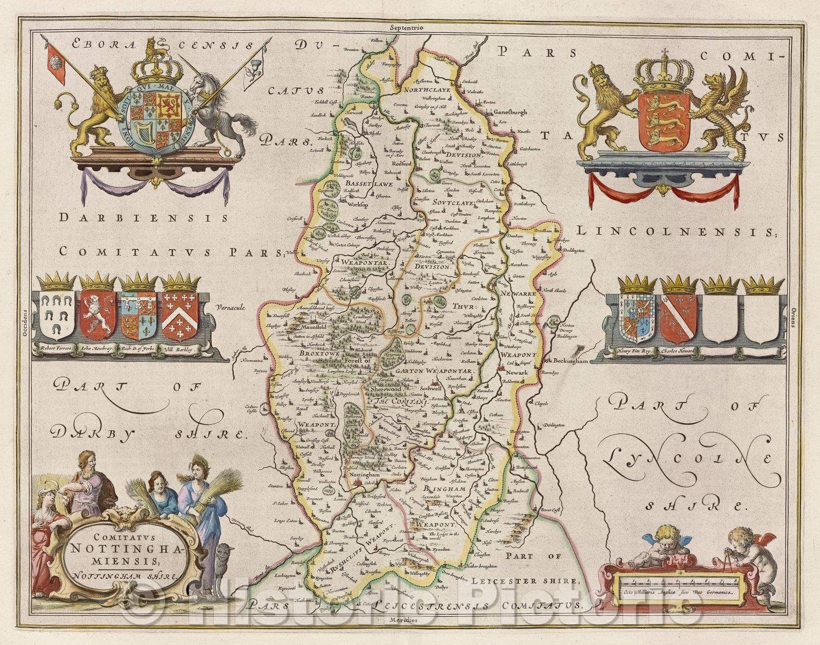 Historic Map : Comitatus Nottinghamiensis; Nottinghamshire., c. 1664 , Vintage Wall Art