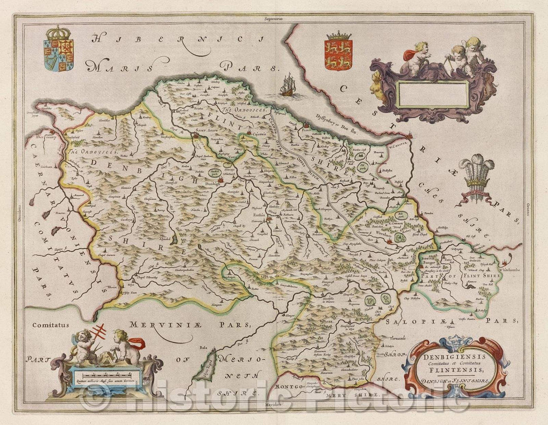 Historic Map : Denbigiensis comitatus et comitatus Flintensis; Denbigh et Flintshire., c. 1664 , Vintage Wall Art
