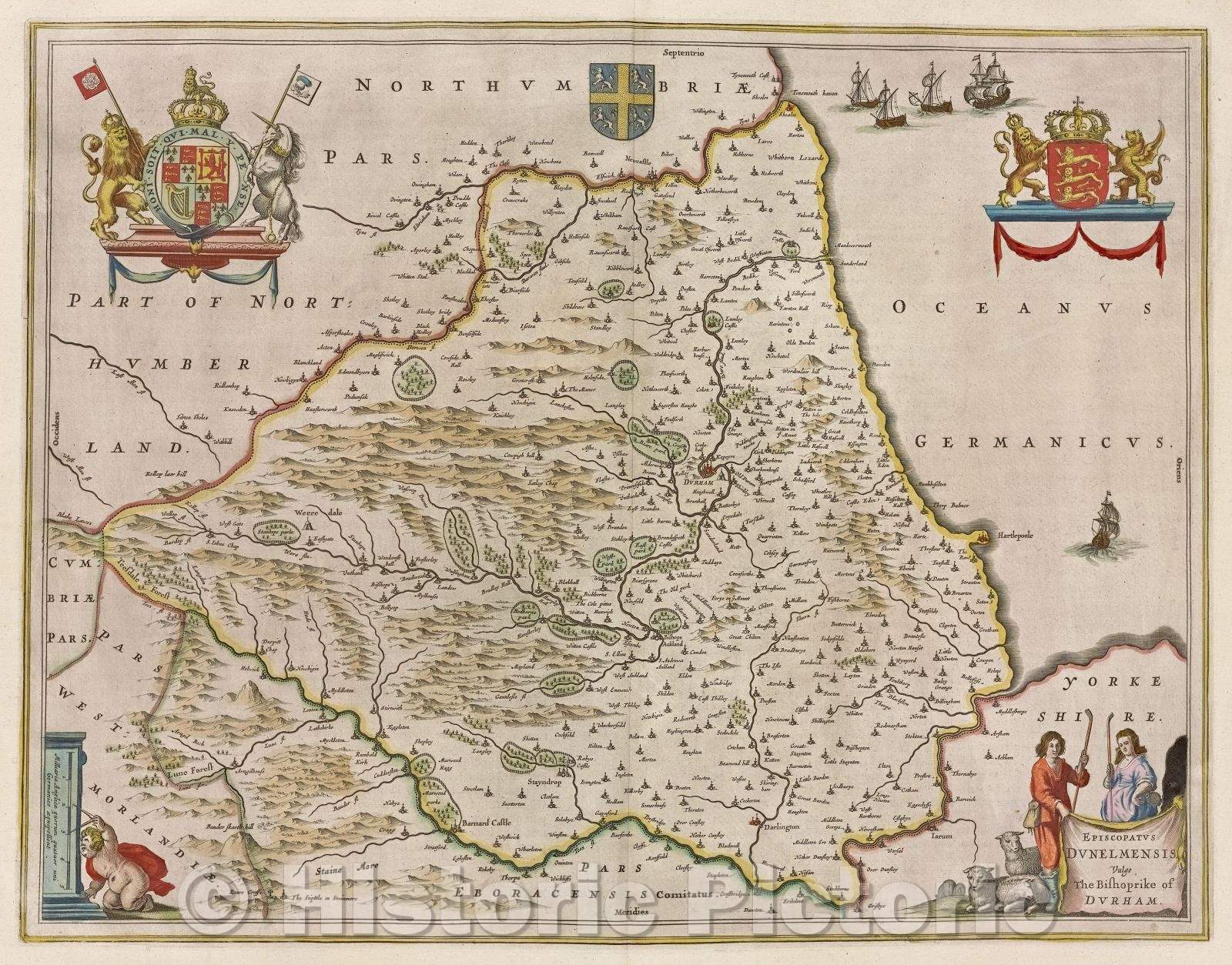 Historic Map : Episcopatus Dunelmensis. vulgo the Bisoprike of Durham., c. 1664 , Vintage Wall Art