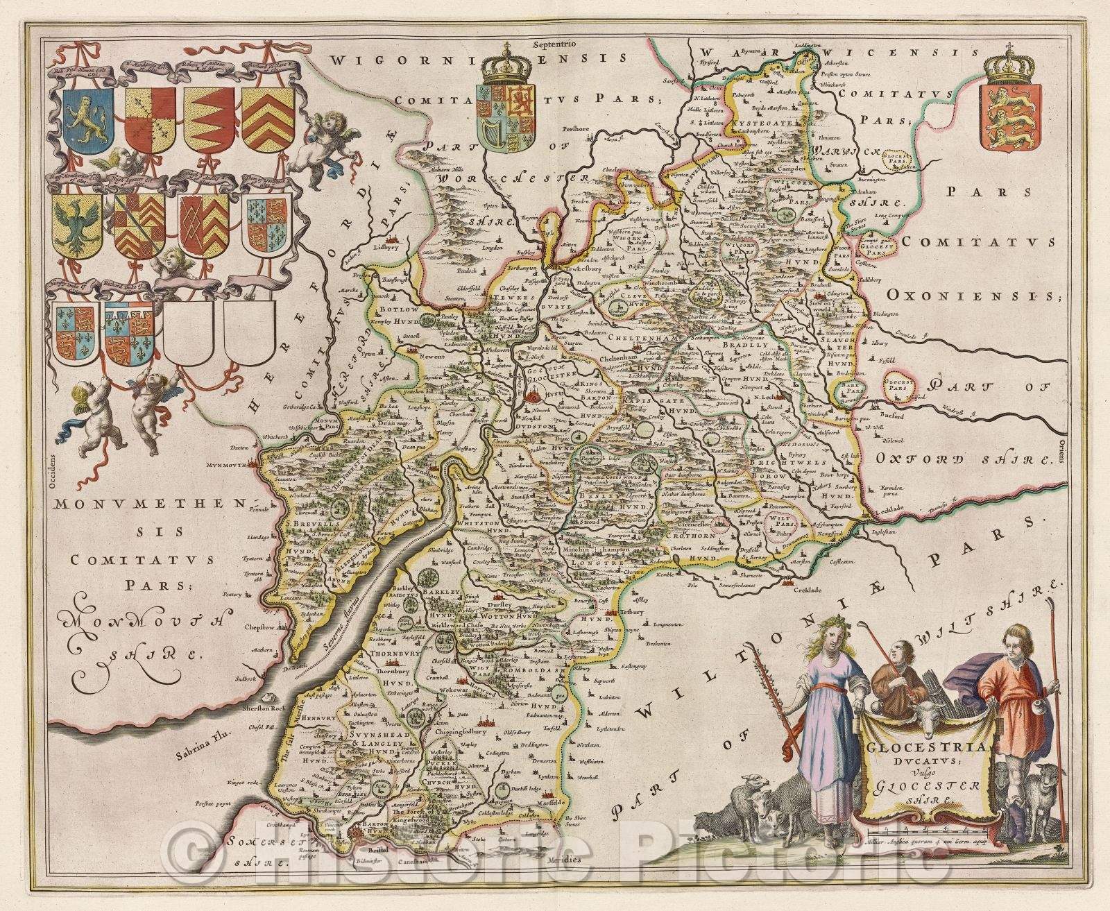 Historic Map : Glocestria ducatus; vulgo Glocestershire., c. 1664 , Vintage Wall Art