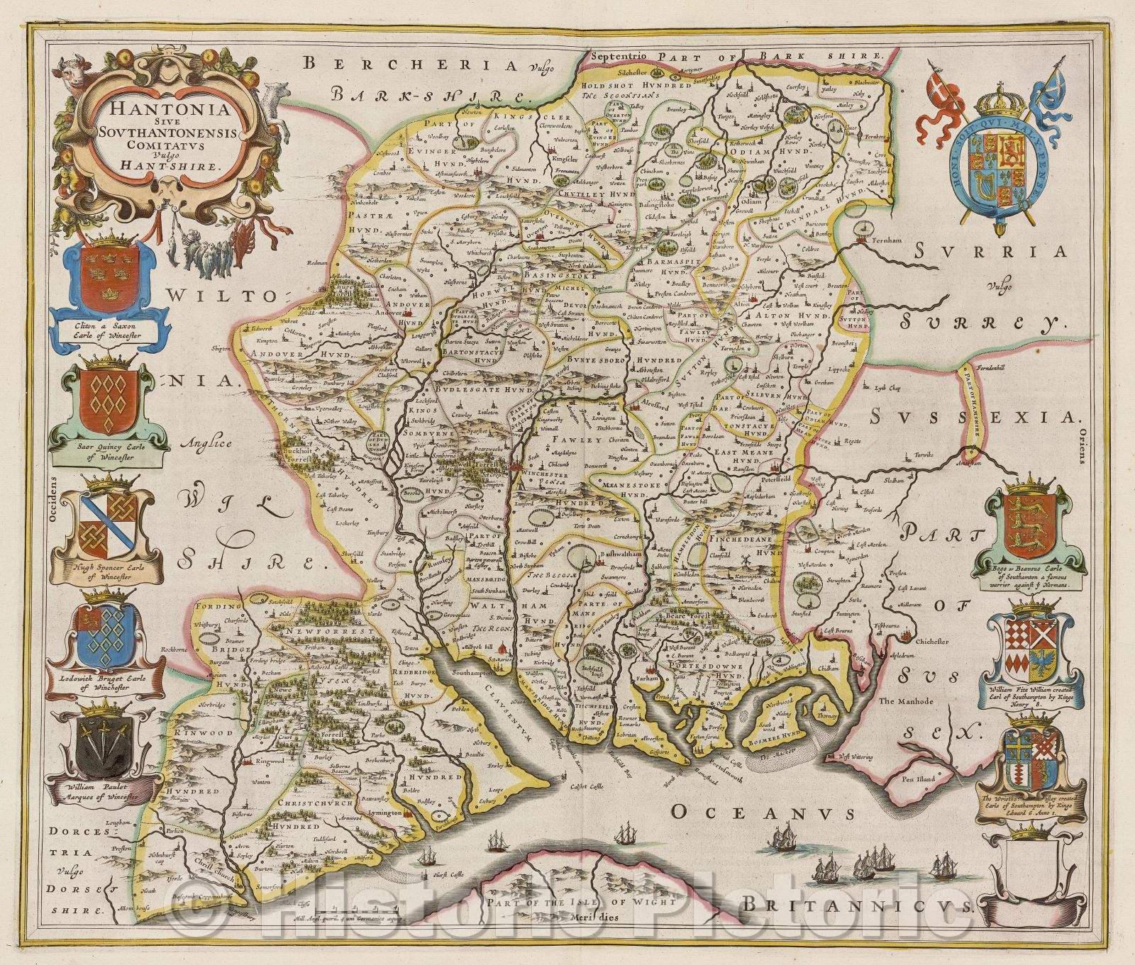 Historic Map : Hantonia sive Southantonensis comitatus vulgo Hantshire., c. 1664 , Vintage Wall Art